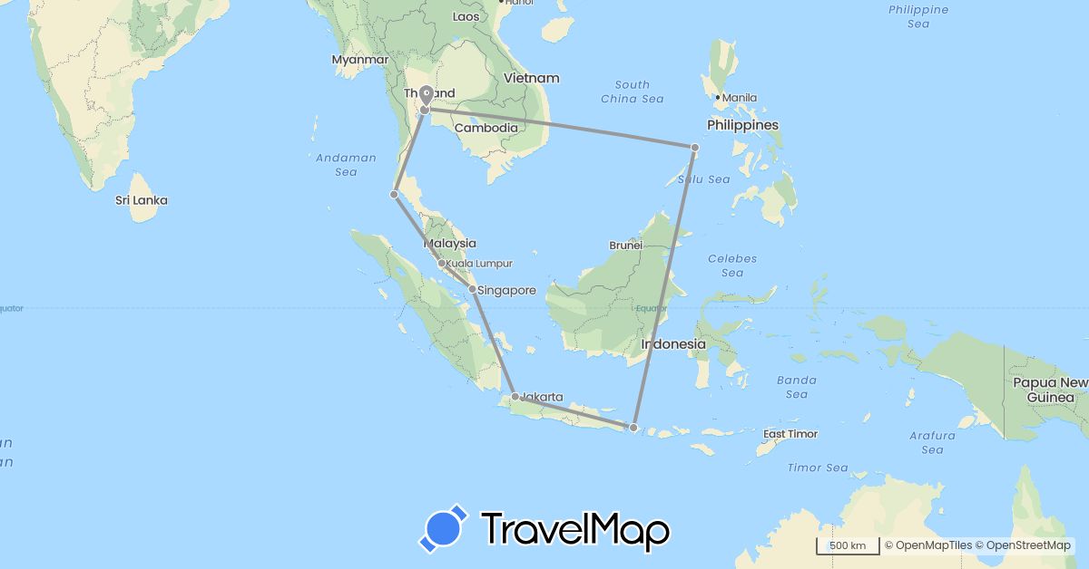 TravelMap itinerary: driving, plane in Indonesia, Malaysia, Philippines, Singapore, Thailand (Asia)